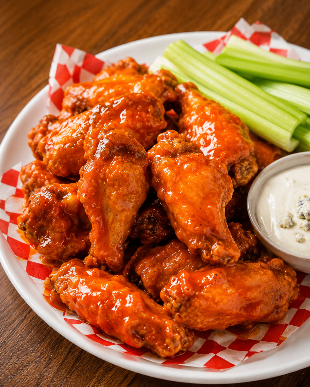 Buffalo wings served with celery and dipping sauce