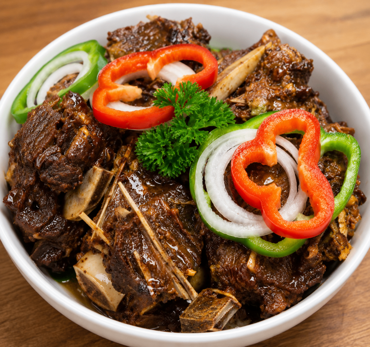 Fried turkey bowl garnished with peppers and onion
