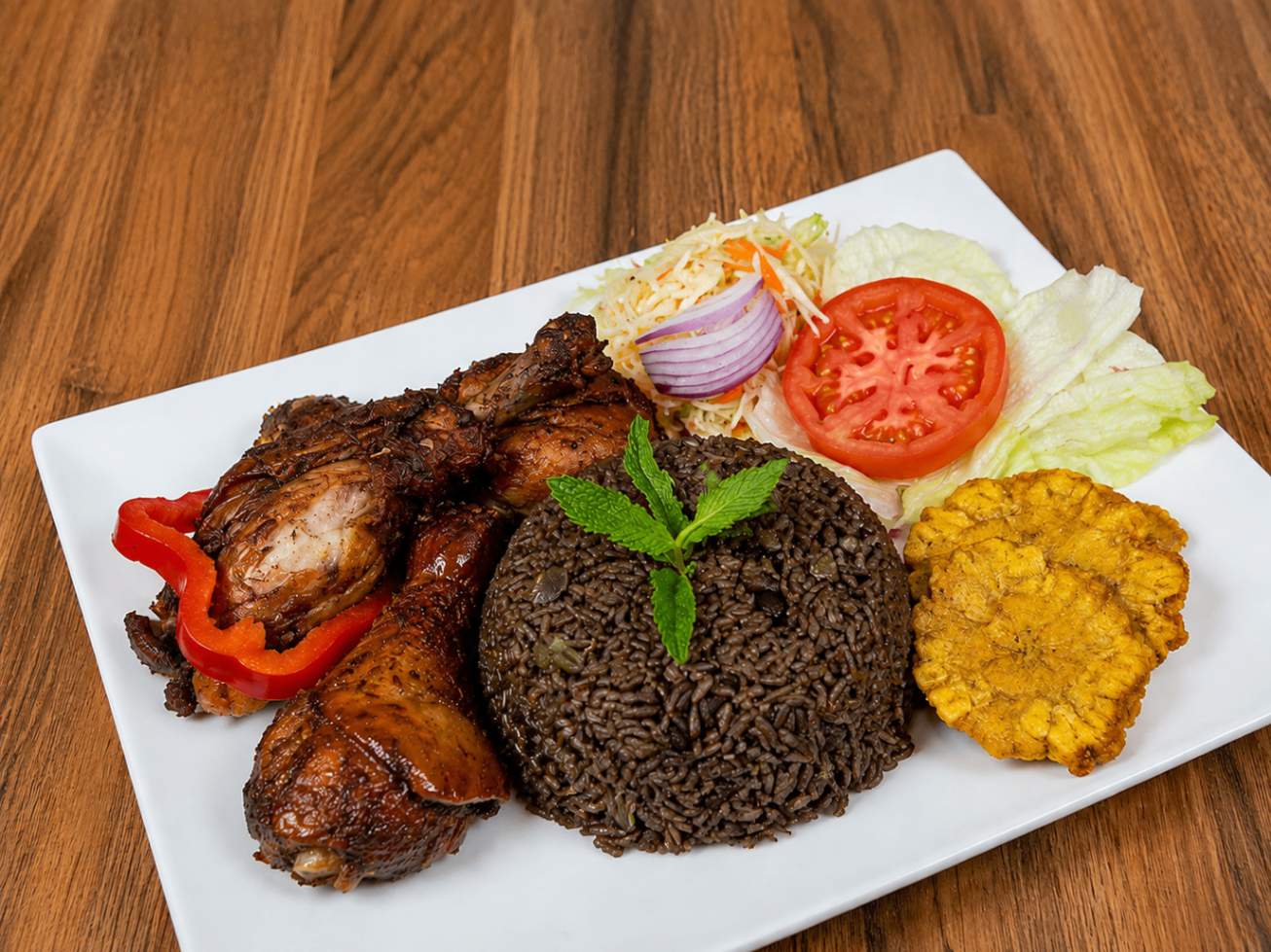 Djondjon rice with fried chicken and pikliz