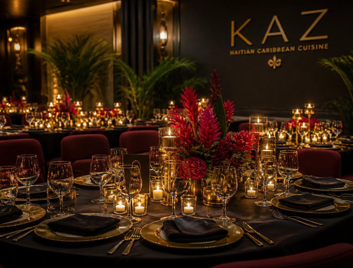 Private event dinner setup with candlelight and floral centerpieces